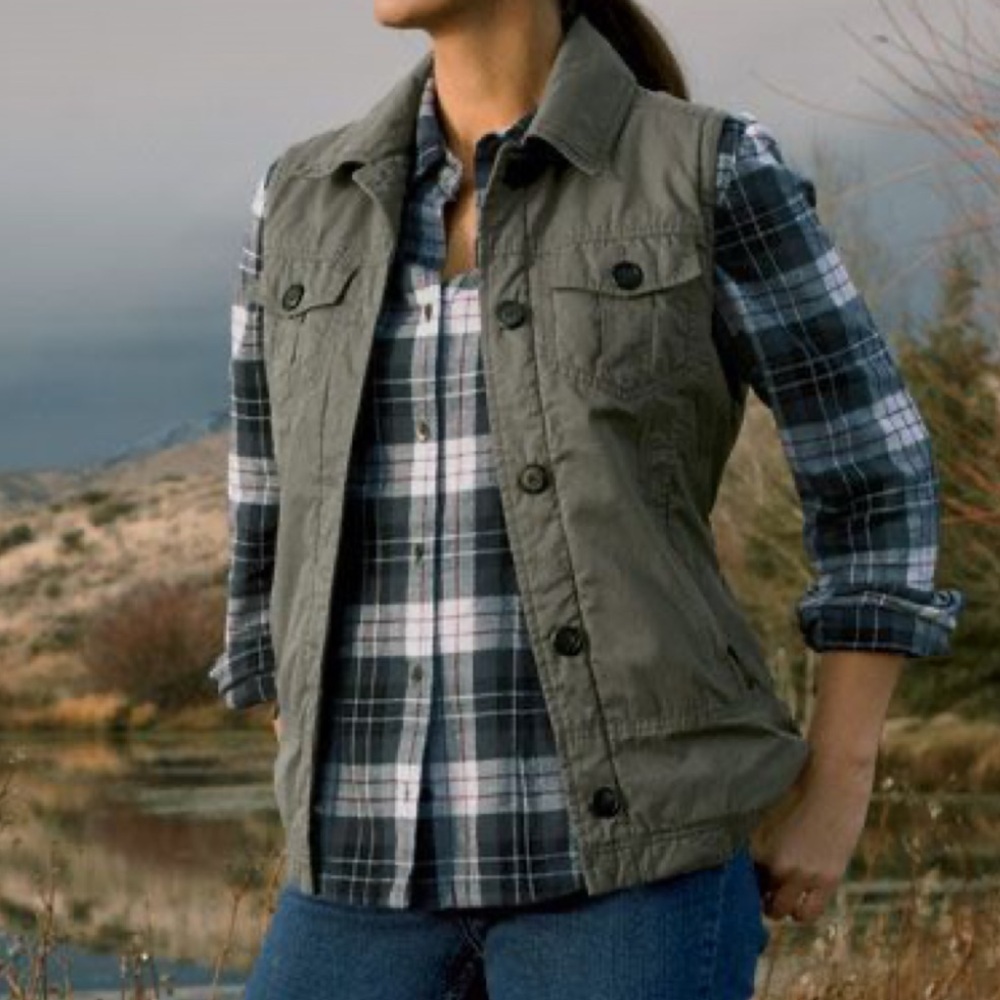 Woolrich Woolen Mills Women’s Flannel Lined Canvas Hiking  Field Vest Khaki Sm